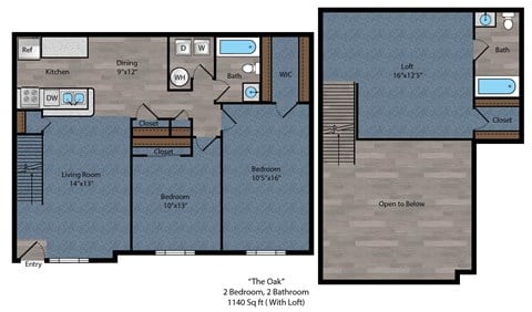 Floor plan for 2 beds, 2 baths, 1140 sqft